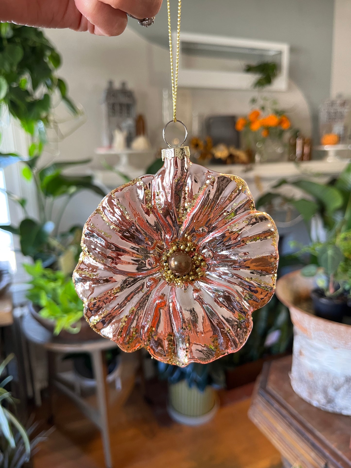 Pink Gold Glass Flower Ornament