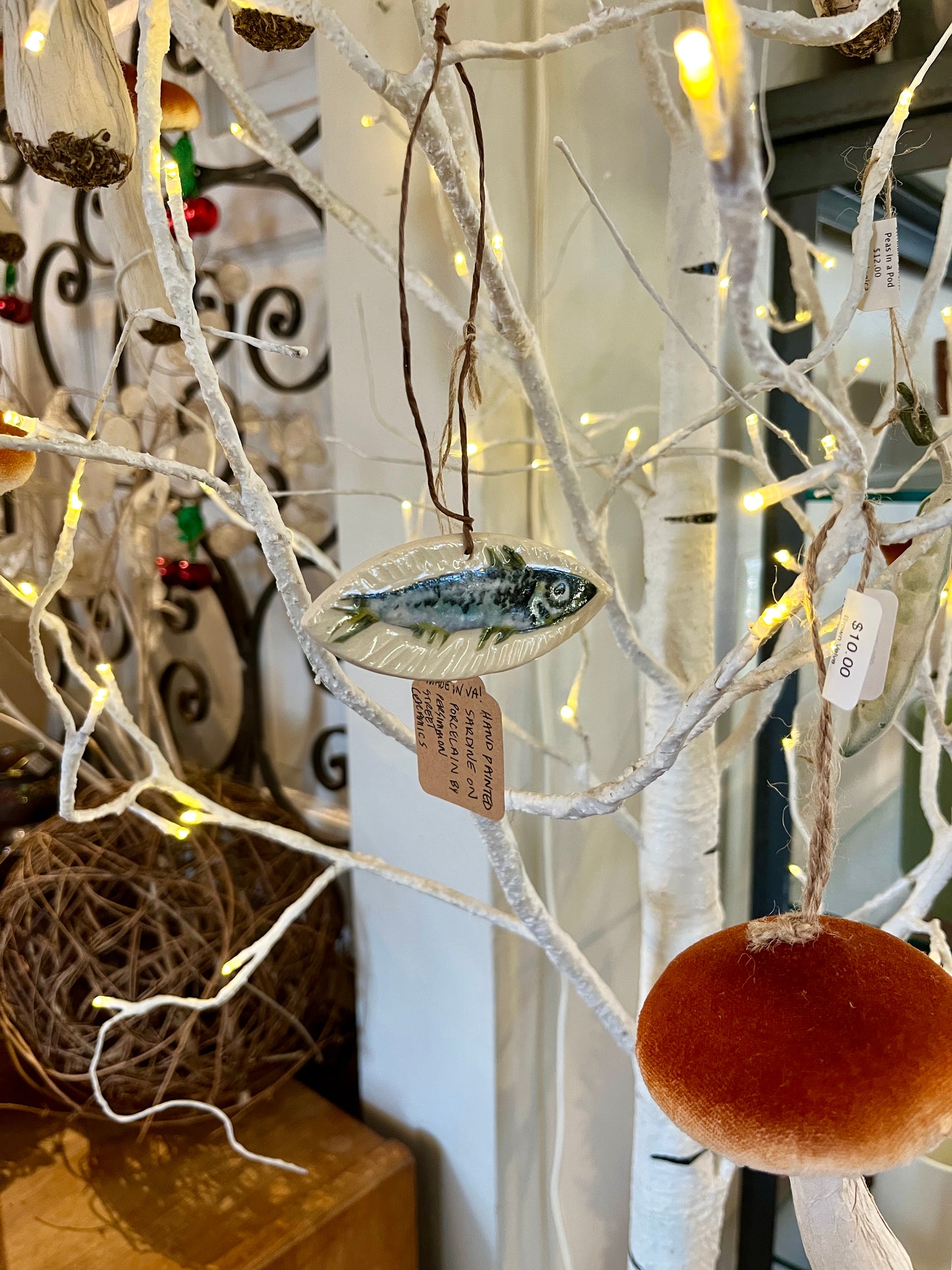 Hand Painted Sardine Ornament on Porcelain